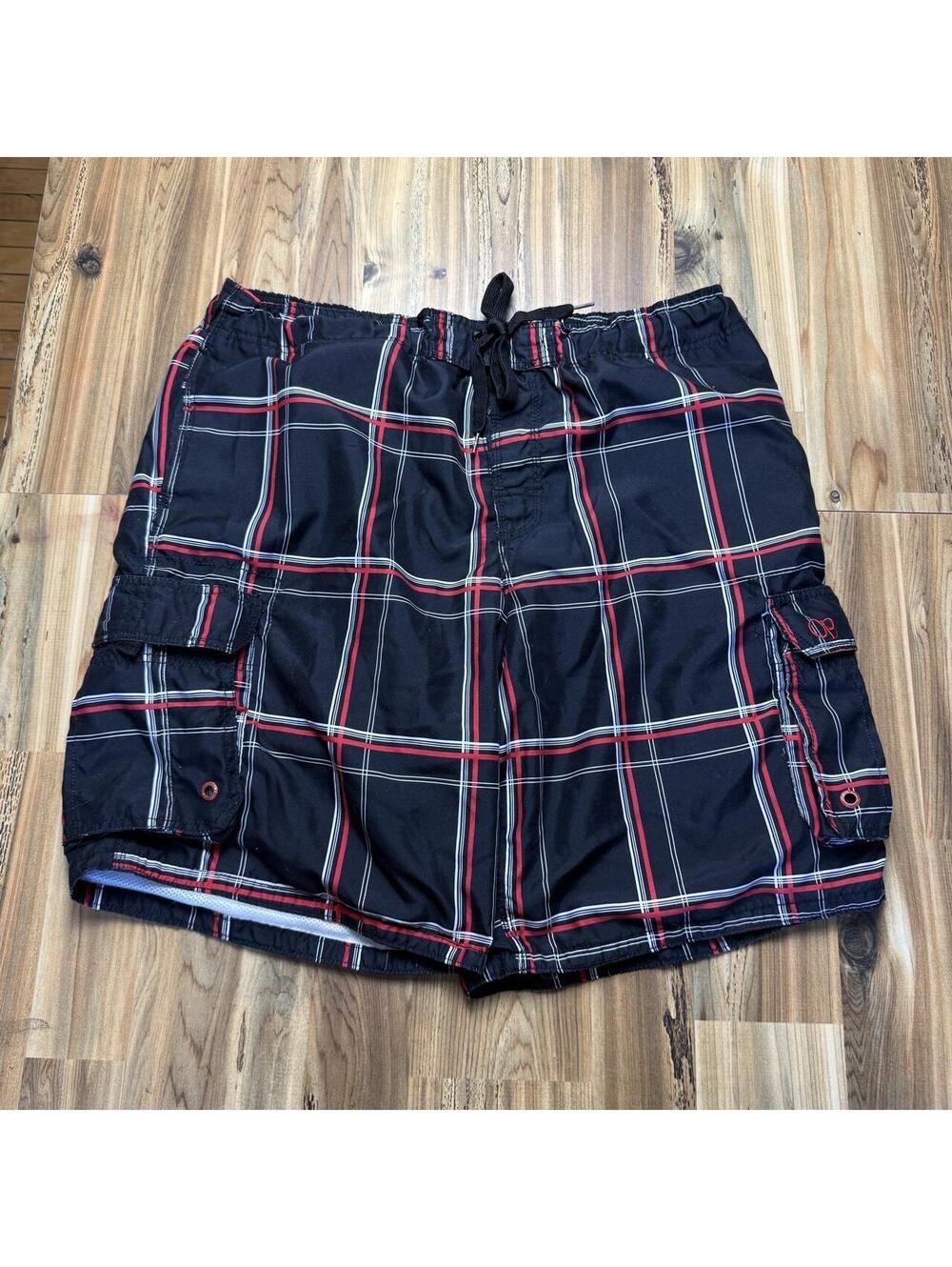 Y2K black, red/white plaid polyester cargo swim trunks
